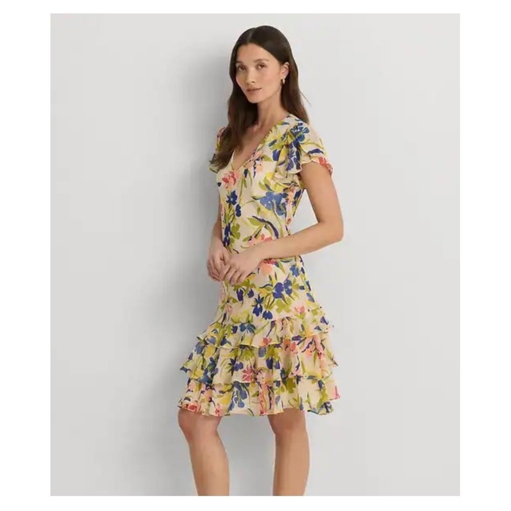 Lauren Ralph Lauren Floral Georgette Tiered‎ Ruffle Dress Cream Blue Pink Sz 10